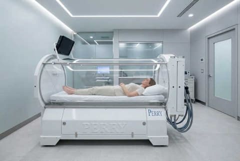 Patient relaxing inside a hyperbaric oxygen chamber